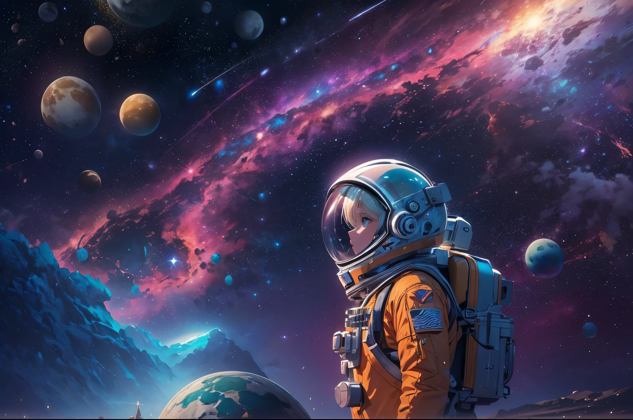 (best quality,4k,8k,highres,masterpiece:1.2),ultra-detailed,(realistic,photorealistic,photo-realistic:1.37),girl astronaut,traveling through the universe,planets,galaxies,neon,outer space,space exploration,nebulae,astronaut suit,visually stunning,otherworldly,cosmic adventure,vibrant colors,deep space,star clusters,stellar formations,majestic,zero gravity,distant galaxies,cosmic dust,pulsing lights,interstellar travel,spectral hues,light-year journey,galactic explorer,enchanting backdrop,luminous atmosphere,extraterrestrial landscapes,interplanetary expedition,exploring the unknown,astronomical wonders,dark matter,cosmic mysteries,celestial wonders,spacecraft,cosmic voyager,sparkling stars,dazzling phenomenon,universe's secrets,galactic spectacleincredible universe,limitless possibilities,cosmic beauty
