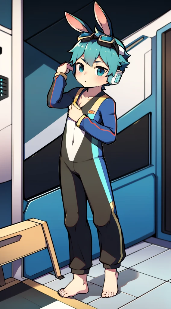 2D boy Shota，One-piece racing suit，Slim, healthy body，Put the headphones on your head，stand up，goggles，rabbit ears