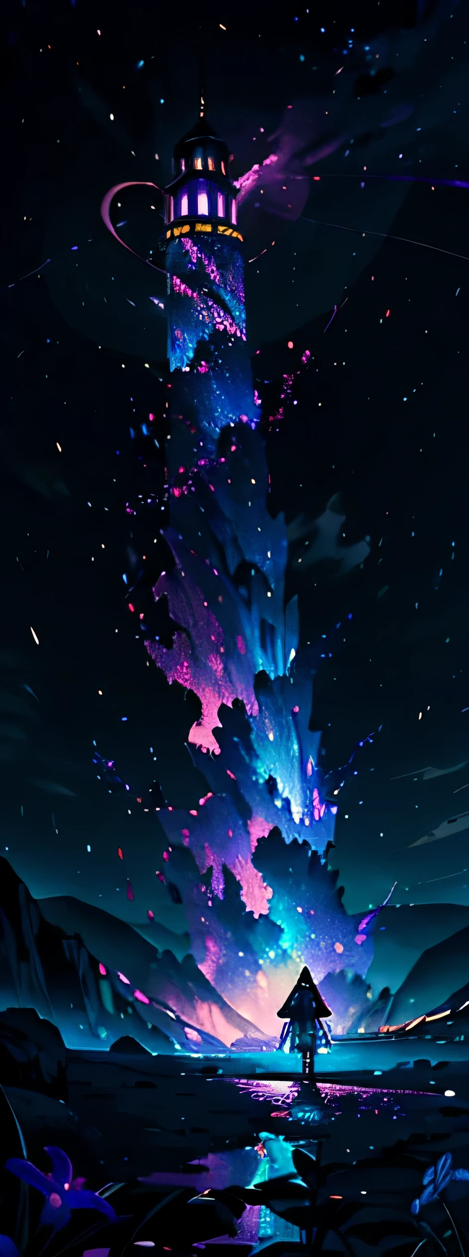 vaste photographie de paysage , (une vue d&#39;en bas qui montre le ciel au-dessus et le champ ouvert en dessous), une fille debout sur un champ de fleurs levant les yeux, (pleine lune:1.2), ( shooting Stars:0.9), (nebula:1.3), montagne lointaine, arbre BREAK production art, (source de lumière chaude:1.2), (luciole:1.2), lampe, beaucoup de violet et d&#39;orange, intricate details, BREAK volumetric lighting
(chef-d&#39;artwork:1.2), (best quality), 4k, Ultra-detailed, (composition dynamique:1.4), Very detailed, Colorful details,( iridescent colors:1.2), (bright lighting, lighting&#39;ambiance), dreamer, Magique, (seulement:1.2)