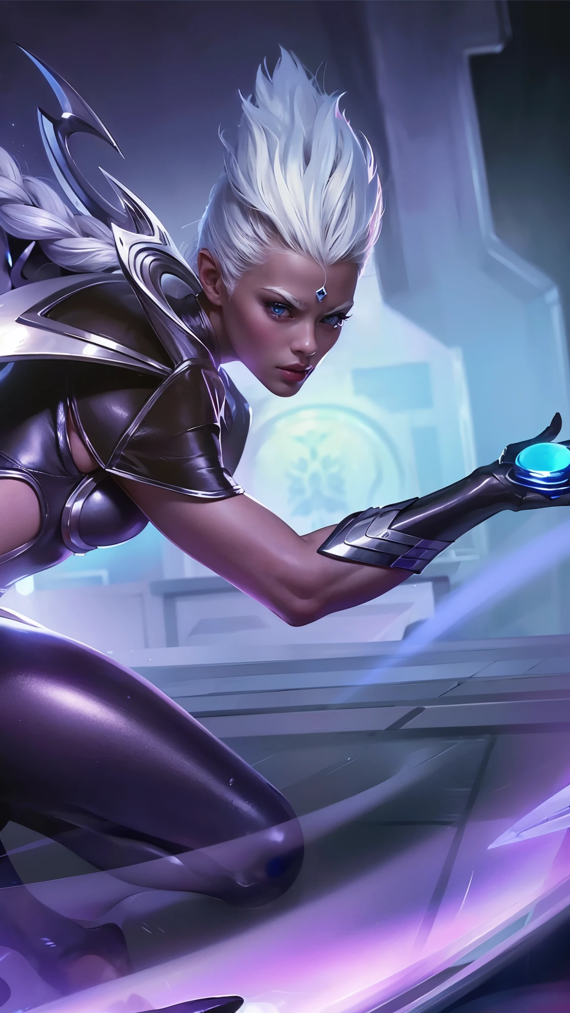 Woman a black outfit holding a blue light, platinum skin, 8k, ultra hd, ultra detailed texture, hyper realistic, masterpiece, detailed texture, detailed face, detailed skin, detailed lighting, (photorealistic:1.5), best quality, beautiful lighting, cinematic lighting, professional lighting, ultra highres, realistic, detailed hair, real hair, high quality, (realskin:1.5), extremely detailed, finely detail, ultra-detailed, white hair, blue eyes.
