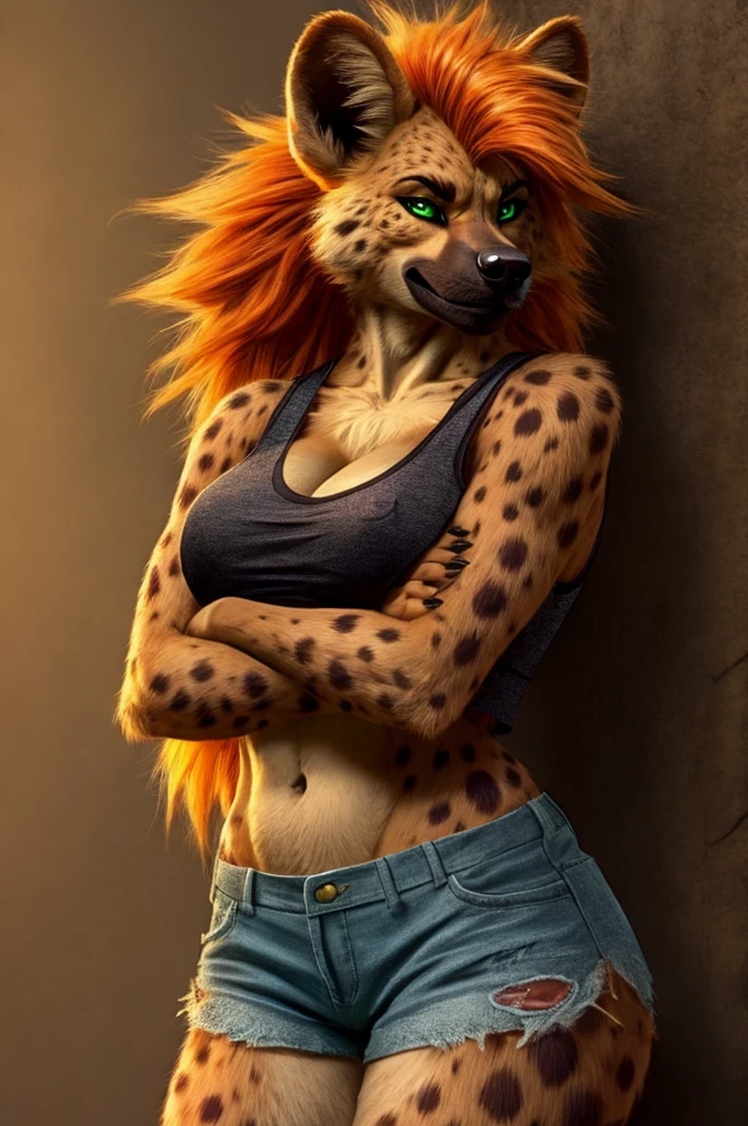 Female anthro hyena, abs, brown fur, green eyes, big breasts, tank top, midriff, shorts, long orange spiky hair, smirking, arms crossed