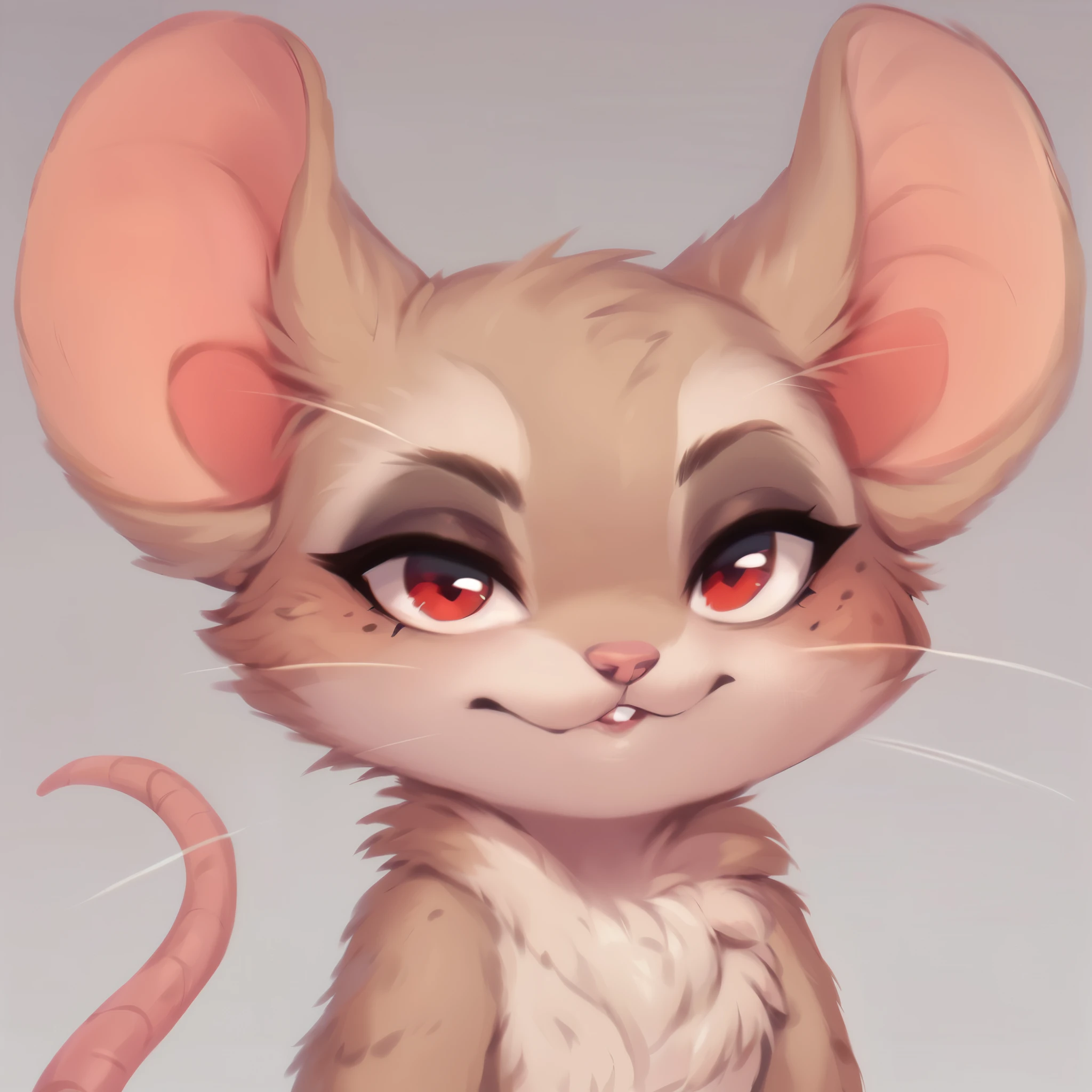 score_9, score_8_up, score_7_up, score_6_up, score_5_up, score_4_up, show accurate, avatar style image, only the head, background circle, simple background, (solo), (semi anthro), mouse, female mouse, fur body, ultra fine fur, standing, red eyes, ((light brown dull fur)), kind look, hairless, bald,