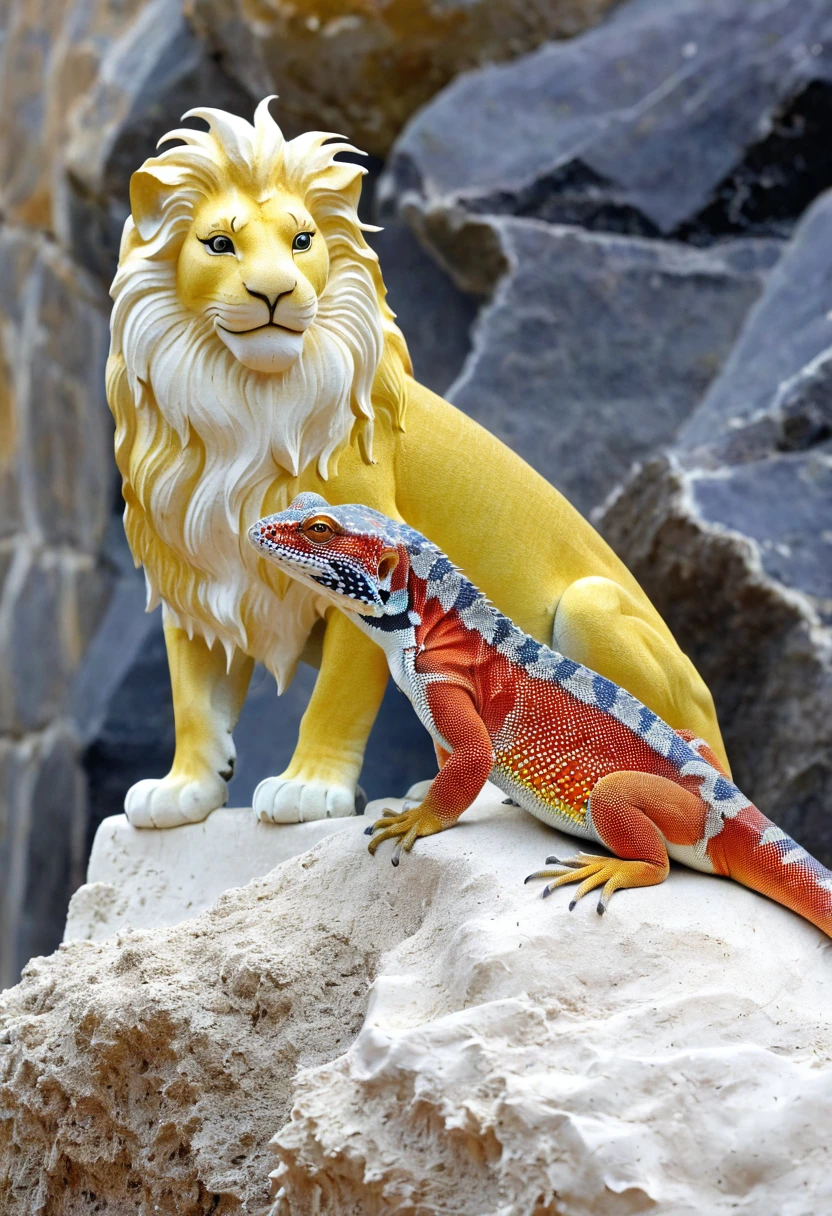 une chimère a tête de lion de sable avec un corps de lézard a écailles multicolores Muni d ailles de plumes blanches se tient debout sur un rocher en lévitation