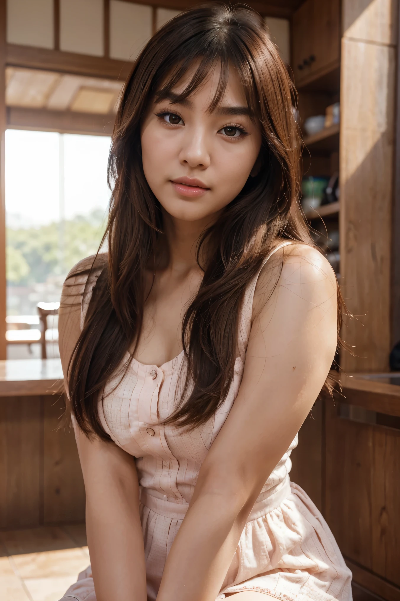 Beautiful asian woman, gorgeous face, clean skin, brown eyes, beautiful eyes, brown hair, fringe hair, thin brows, long hair, full lips, pink lips, upturned nose, thin nose, cute cheekbones, eyeliner, natural makeup, korean makeup, fit figure, small girl, curvy body, flirty look, cute smile, wearing as dress, korea background, distracted, candid, best lighting, natural light, best quality, best colors, ultra realism, highly detailed, 4k