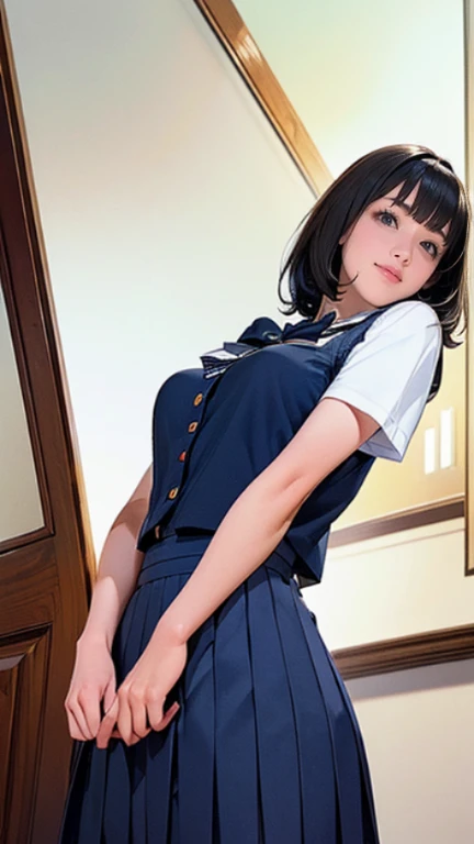(masterpiece:1.2, highest quality), (realistic, photorealistic:1.4), beautiful illustrations, (natural side lighting, movie lighting), Depth of written boundary, looking at the viewer, (face focus, Upper body), Front view, 1 girl, Japanese, high school girl, , perfect face, Cute symmetrical face, shiny skin, (bob hair:1.7,black hair), asymmetrical bangs, Big eyes, droopy eyes, long eyelashes chest), thin, beautiful hair, beautiful face, fine and beautiful eyes, beautiful clavicle, beautiful body, beautiful breasts, beautiful thighs, beautiful feet, beautiful fingers, ((fine fabric texture, Brown knitted vest, short sleeve white collar shirt, navy pleated skirt, Navy bow tie)), (beautiful scenery), evening, (Inside the flower shop), Are standing, (smile, Upper grade, open mouth), (from below:1.5),(visibility is low:1.5), (from below),(ass focus)