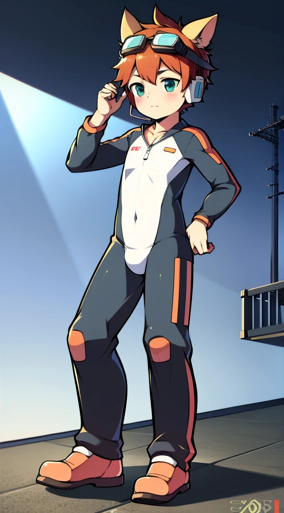 2D boy Shota,One-piece racing suit,Slim, healthy body,Put the headphones on your head,stand up,goggles,rabbit ears