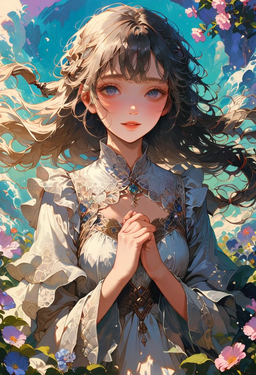 girl, in a flower field, surrounded by a dreamy and otherworldly atmosphere, hands brought together over heart, hair wrapping in the wind, long hair, happiness, realistic, detailed background, (masterpiece, best quality, perfect composition, very aesthetic, absurdres, ultra-detailed, intricate details, Professional, official art, Representative work:1.3), (Animagine:0.01)