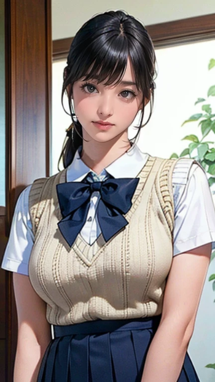 (masterpiece:1.2, highest quality), (realistic, photorealistic:1.4), beautiful illustrations, (natural side lighting, movie lighting), Depth of written boundary, looking at the viewer, (face focus, Upper body), Front view, 1 girl, Japanese, high school girl, 15 years old, perfect face, Cute symmetrical face, shiny skin, (bob hair:1.7,black hair), asymmetrical bangs, Big eyes, droopy eyes, long eyelashes chest), thin, beautiful hair, beautiful face, fine and beautiful eyes, beautiful clavicle, beautiful body, beautiful breasts, beautiful thighs, beautiful feet, beautiful fingers, ((fine fabric texture, Brown knitted vest, short sleeve white collar shirt, navy pleated skirt, Navy bow tie)), (beautiful scenery), evening, (Inside the flower shop), Are standing, (smile, Upper grade, open your mouth), (from below:1.5),(visibility is low:1.5), 