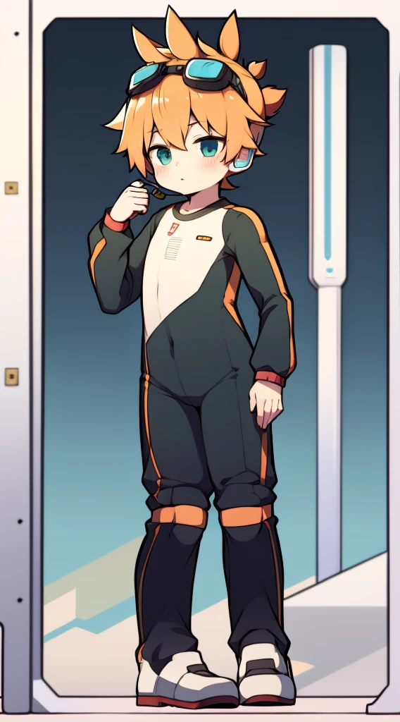 2D boy Shota,One-piece racing suit,Slim, healthy body,Put the headphones on your head,stand up,goggles,rabbit ears