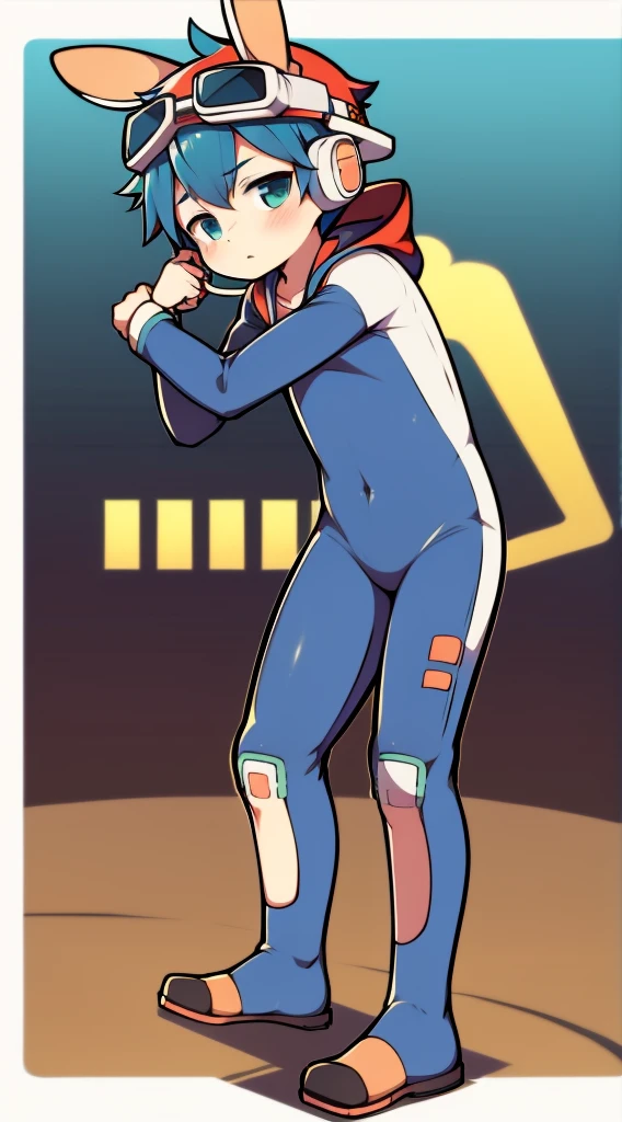 2D boy Shota,high cut swimsuit,standing,goggles,horns,cow ears,sports shoes