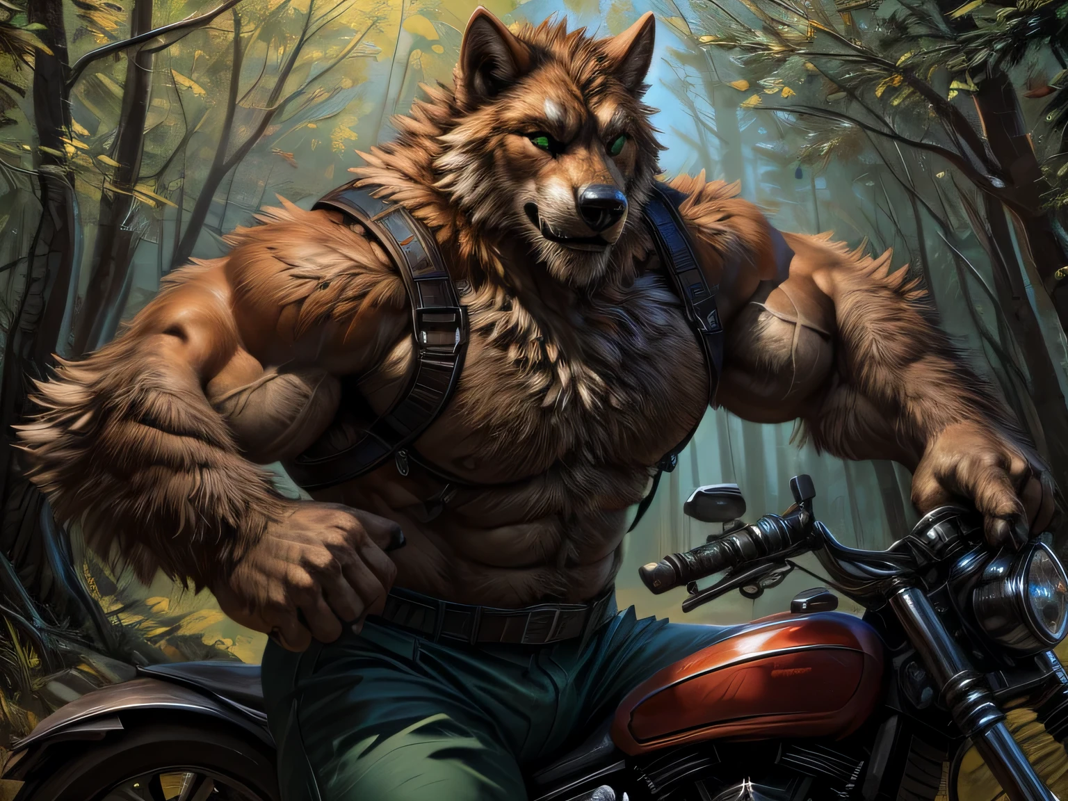 Werewolf, black fur, orange fur, bitone, white chest fur, black beard, green eyes, realistic eyes, posted on e621, furry body, anthro body, anthro werewolf, claws on hands, werewolf, Climbing harnesses, solo, male, adult, masculine, (very muscular, large muscles, buff:1.2), correct anatomy, (photorealistic fur, detailed fur, epic, masterpiece:1.2), green short pants, in the forest, sitted in a motorcycle, double purpose motorcycle, all terrain motorcycle, sexy shadows, (by echin, by Taran Fiddler, by Juiceps, by Rukis), (detailed eyes:1.2), impressive physique, strong pose, proud, flexing biceps with one arm, seductive face, looking at camera