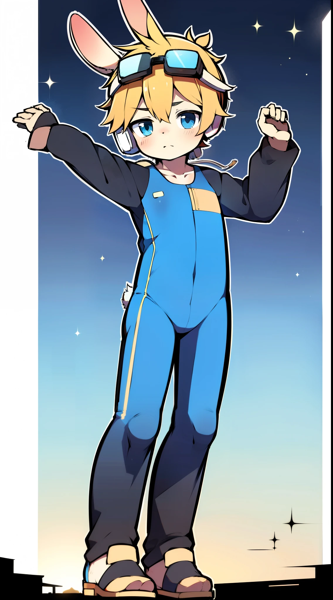 2D Boy Shota，One-piece mountaineering suit，Slim, healthy body，Put the headphones on your head，stand up，goggles，Rabbit ears，happy，Sailor collar，tie，Zipper pulled down，boots，hood，moan