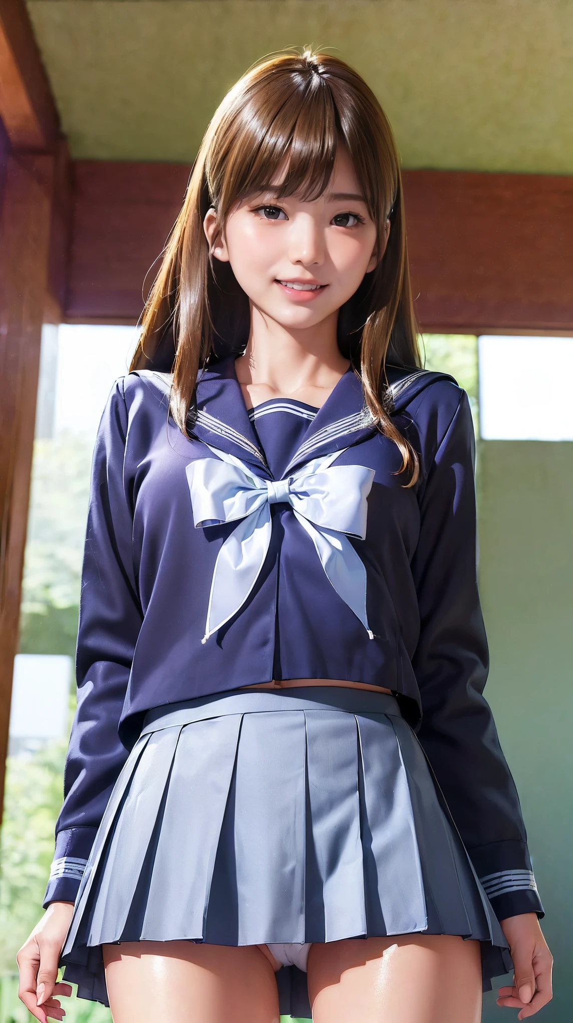 (masterpiece,highest quality,High resolution,Realistic:1.2),(One high school girl is wearing a long-sleeved sailor suit and a short navy pleated skirt, so a little bit of her white panties are visible.:1.2),(Smiling with some teeth showing:1.3),(bob cut, blonde, gal makeup:1.3),(beautiful hands:1.3),(woman's hand:1.3),(Reduce skin exposure,The belly is not exposed:1.2),(cowboy shot:1.5),( Japanese female:1.2),(clothing that fits:1.2),(school hallway:1.3), (camel toe:1.3), (flat chest:1.3),(The upper body is thin:1.3),(big butt, thick thighs:1.2), (A is seen from below:1.4)