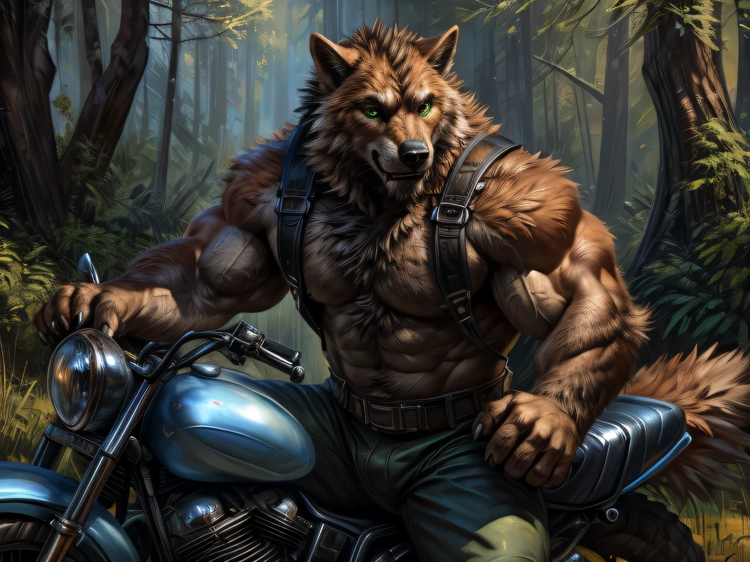 Werewolf, black fur, orange fur, bitone, white chest fur, black beard, green eyes, realistic eyes, posted on e621, furry body, anthro body, anthro werewolf, claws on hands, werewolf, Climbing harnesses, solo, male, adult, masculine, (very muscular, large muscles, buff:1.2), correct anatomy, (photorealistic fur, detailed fur, epic, masterpiece:1.2), green short pants, in the forest, sitted in a motorcycle, double purpose motorcycle, all terrain motorcycle, sexy shadows, (by echin, by Taran Fiddler, by Juiceps, by Rukis), (detailed eyes:1.2), impressive physique, strong pose, proud, flexing biceps with one arm, seductive face, looking at camera