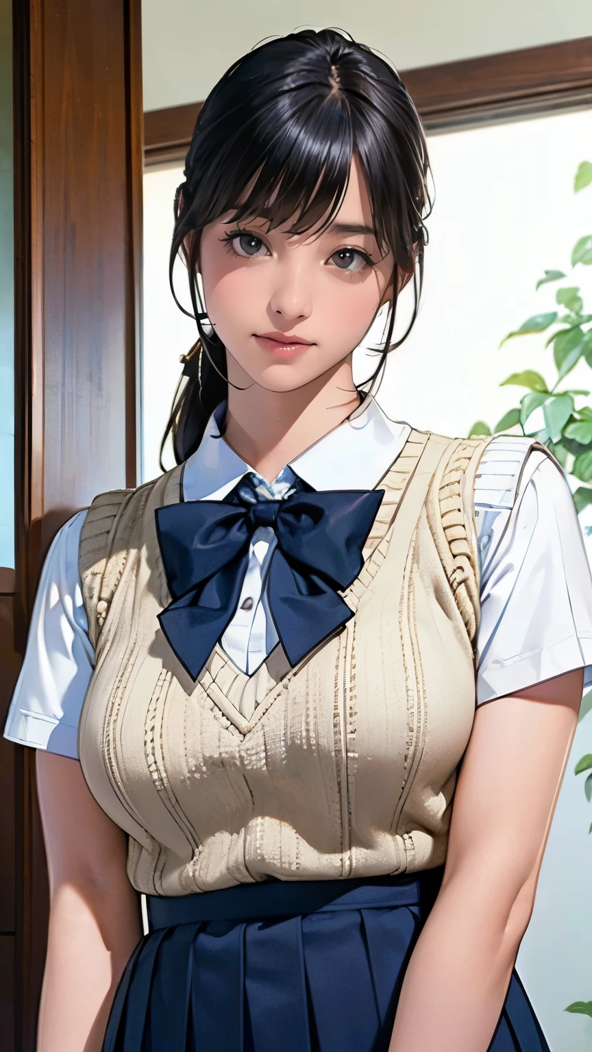 (masterpiece:1.2, highest quality), (realistic, photorealistic:1.4), beautiful illustrations, (natural side lighting, movie lighting), Depth of written boundary, looking at the viewer, (face focus, Upper body), Front view, 1 girl, Japanese, high school girl, 15 years old, perfect face, Cute symmetrical face, shiny skin, (bob hair:1.7,black hair), asymmetrical bangs, Big eyes, droopy eyes, long eyelashes chest), thin, beautiful hair, beautiful face, fine and beautiful eyes, beautiful clavicle, beautiful body, beautiful breasts, beautiful thighs, beautiful feet, beautiful fingers, ((fine fabric texture, Brown knitted vest, short sleeve white collar shirt, navy pleated skirt, Navy bow tie)), (beautiful scenery), evening, (Inside the flower shop), Are standing, (smile, Upper grade, open your mouth), (from below:1.5),(visibility is low:1.5), 