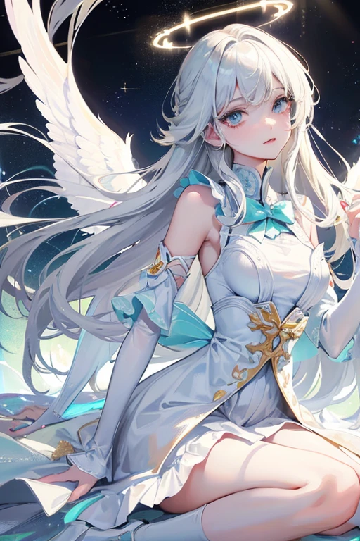 tmasterpiece, (Best quality:1.2), [:Complicated details:0.2], 1 young woman,  Angelic, the angel's wings, White frills, (Daytime sky), A flashing halo, intense concentration, Burst energy, mystic symbols, scintillation particles, blonde almost white hair, mint eyes 