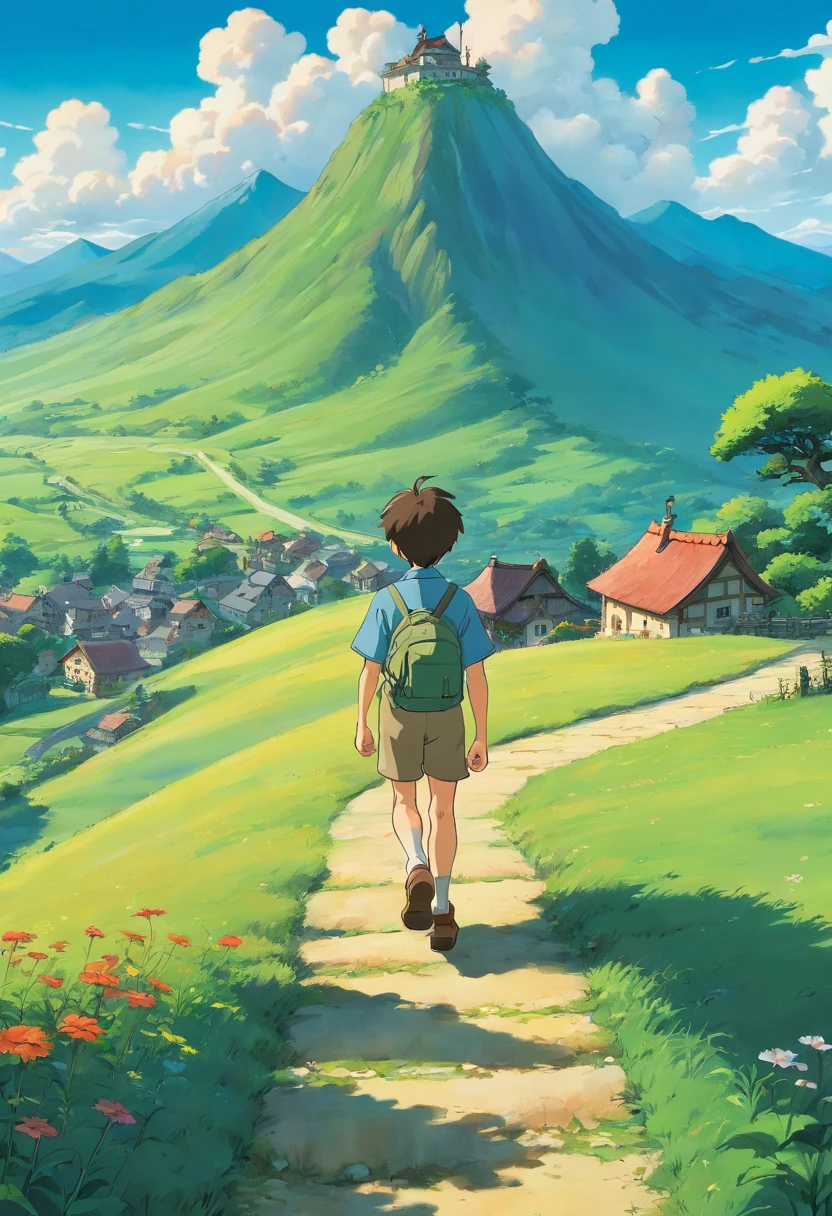 A boy going to a house on a plain with a mountain in the background