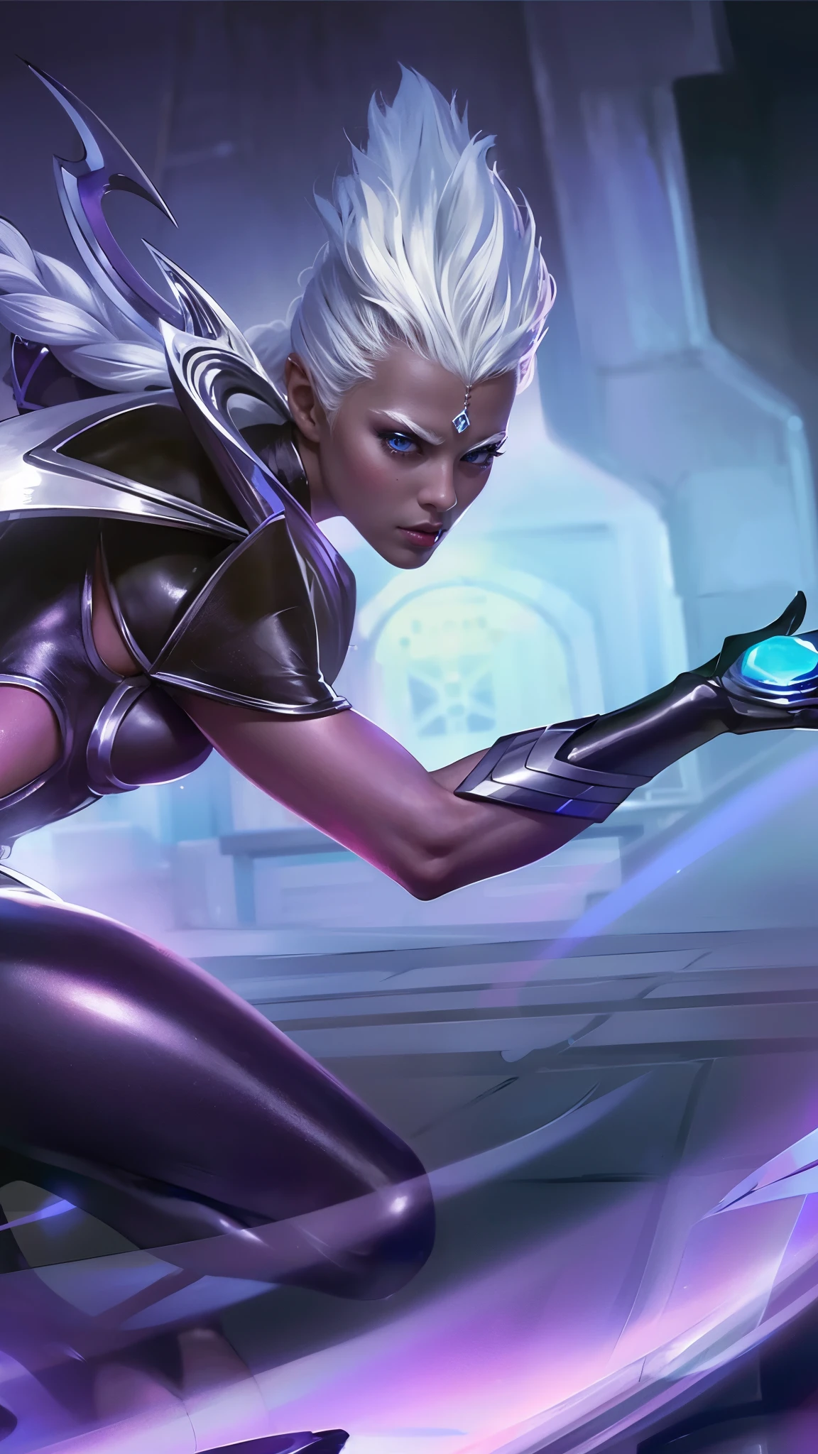 Woman a black outfit holding a blue light, platinum skin, 8k, ultra hd, ultra detailed texture, hyper realistic, masterpiece, detailed texture, detailed face, detailed skin, detailed lighting, (photorealistic:1.5), best quality, beautiful lighting, cinematic lighting, professional lighting, ultra highres, realistic, detailed hair, real hair, high quality, (realskin:1.5), extremely detailed, finely detail, ultra-detailed, white hair, blue eyes.