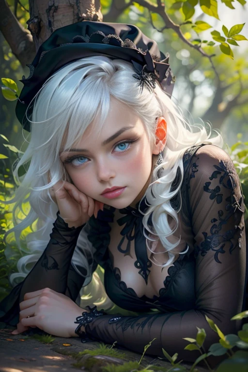 Beauty in white hair, hat, goth dress, Perfect proportions, (detailed eyes, eye correction), Girl lays down on the floor, slim girl, (gothic decoration:1.3), realistic hands, detailed hands and fingers, Definition and sharpness of textures, under a tree on a hill, high angle camera, (Delicate images), (Raw photo: 1.4), (Photorealistic: 1.4), (Highly detailed), (high resolution), (Best quality), (masterpiece)