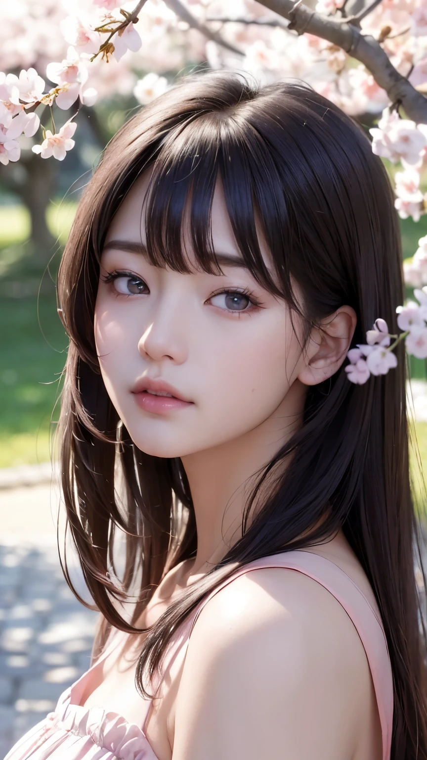 (A logo、​masterpiece、8K、masutepiece、Raw photo、Fantastic、Best Quality、Photorealistic and ighly detailed CG integrated 8k wallpaper、hightquality、ighly detailed、epic poem、Particle effect、Dynamic effects、depth of fields、Cinematic Light、Lens Flare、Ray tracing)、Fantasia、 (Beauty 1 person、doress、Dress、Cherry blossom pattern、A dark-haired、Beautiful face、Real Face、beautiful details eyes beautiful skin)、my hair dances in the wind、Hair flutters in the wind、Hair jumps、Pink cherry blossom tree、Petals flutter、Sakura blizzard、Superb view、morning glow、Sun in the background、the wind、
