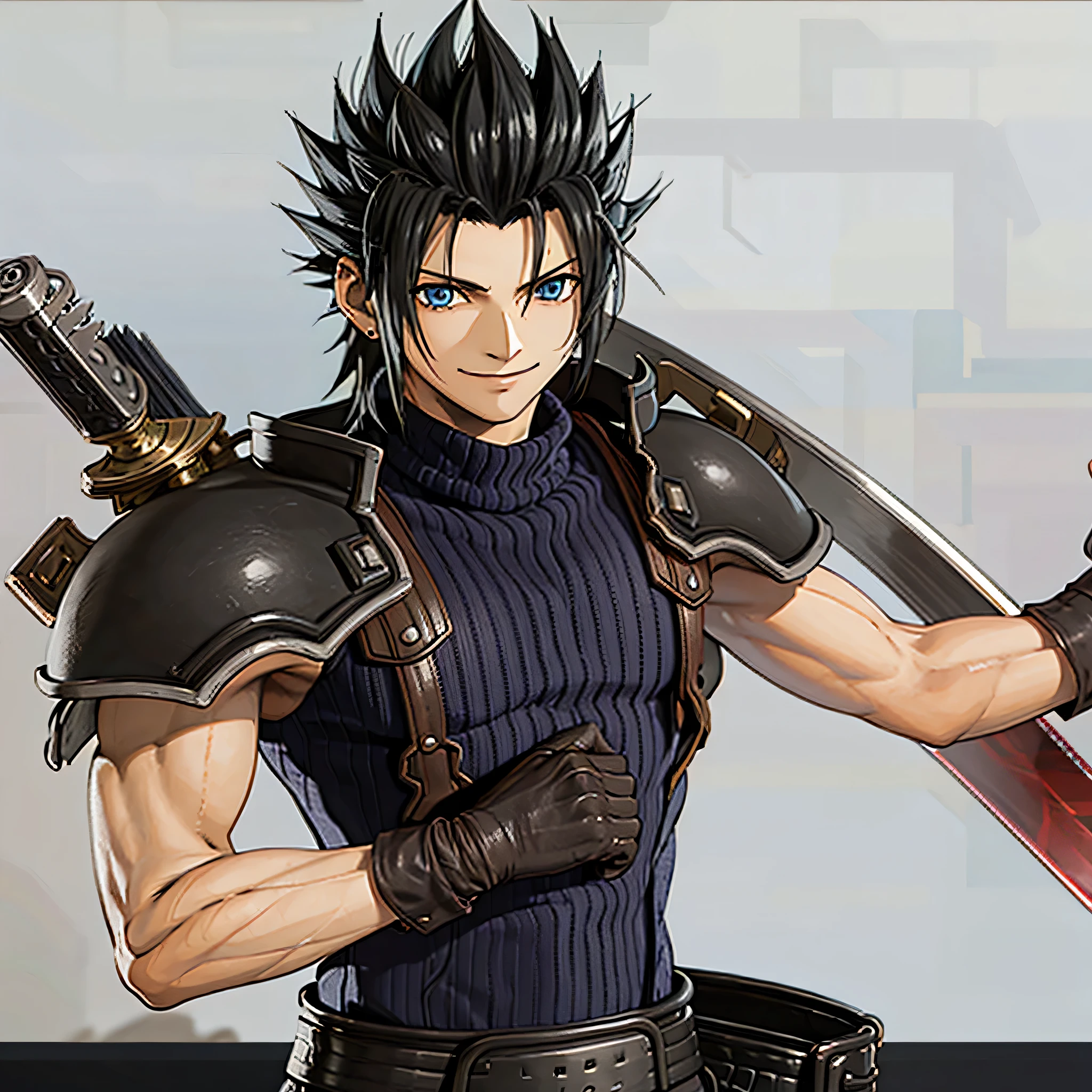 (masterpiece, best quality:1.2,simple background,white background,2d,anime style),1boy,solo,zack \(final fantasy7\), black hair,spiked hair,blue eyes,black clothes,shoulder pads,earrings,gloves,sword on one's back,looking at viewer,smile,Redraw it with a beautiful anime picture、Closer to the anime picture