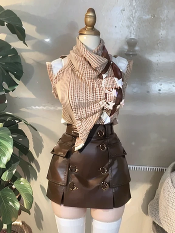 a close up of a mannequin torso with a brown skirt, brown clothes, with two front pockets, y 2 k style, y2k style, y2k, y 2 k, adoryanti, brown and cream color scheme, ashy, ayahausca, intriguing outfit, 🎀 🧟 🍓 🧚, tinyest midriff ever