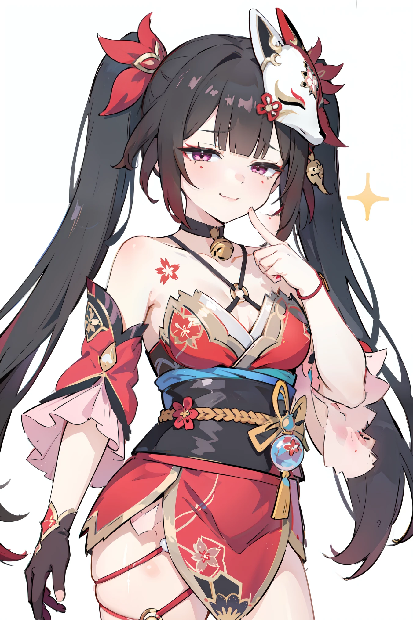 1girl, a girl standing with her finger on her own mouth, sparkle \(honkai: star rail\), small breasts, twintails, hair ornament, solo, off shoulder kimono, mask on head, detached sleeves, choker, obi, (glove), wristband, criss-cross halter, thigh strap, blush, upper body, (finger on own mouth) looking at viewer, gasping, ecstasy, seductive smile, wicked smile, smug, white background, masterpiece, best quality