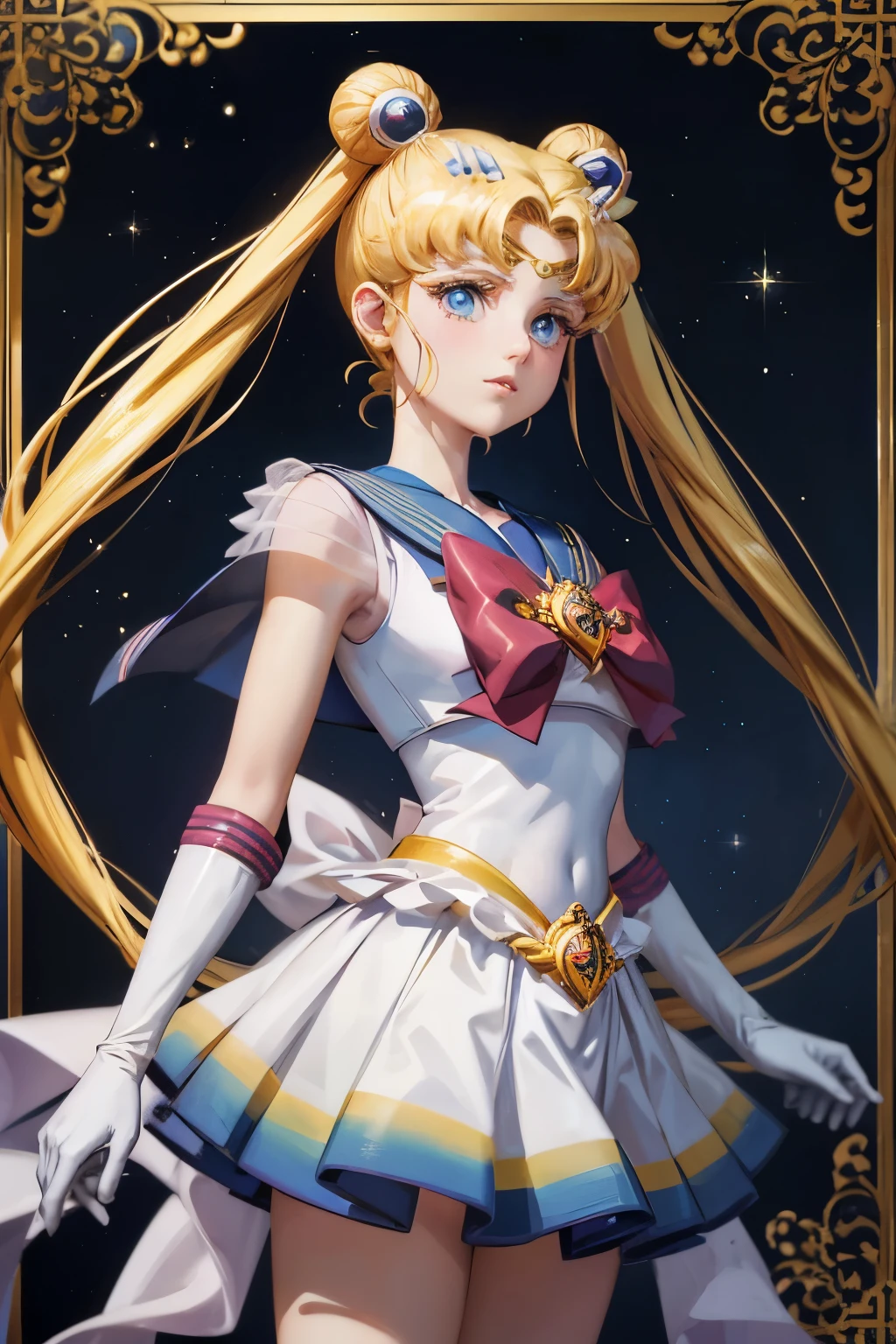 In this exquisite masterpiece of the highest quality, we are presented with a captivating portrayal of 1girl, none other than the beloved Tsukino Usagi, also known as Sailor Moon. The artist has skillfully captured her iconic appearance in her solo moment, wearing her Sailor Senshi uniform with utmost attention to detail.

Tsukino Usagi's long, flowing blonde hair cascades down her back, beautifully framing her enchanting blue eyes that shimmer with a sense of wonder. Her delicate hands are adorned with white gloves that add a touch of elegance to her Sailor Collar.

Two charming twintails, each adorned with a blue sailor collar, spring forth from the sides of her head, adding a playful element to her overall look. The artist