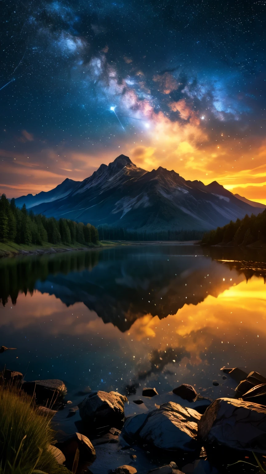 (Logo, Amazing, 8K, Tabletop, Raw Photo, Amazing, Top Quality, Photorealistic and Highly Detailed, CG, High Quality, Highly Detailed, Narrative Verse, Particle Effects, Dynamic Effects, Text Border the depth, cinematic lights, flares, raytracing, tabletop, realistic, ultra HD, fantasy), the wind, the beauty and brilliance of mountains and forests, the serenity and beauty of the world's grasslands and vast lands, Lakeside, wonderful scenery, beautiful natural scenery, night, starry sky, constellation, full moon, space, gorgeous, view, water, constellation, wonder, fantastic, meteor, magic, best illumination, best shadow