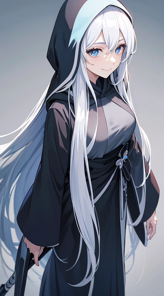 Cover magazine, anime. A young woman with long white hair and blue eyes. Wearing all black clothes. Wearing a long black robe and a hood covering her head. A mysterious impression. She was smiling brightly.