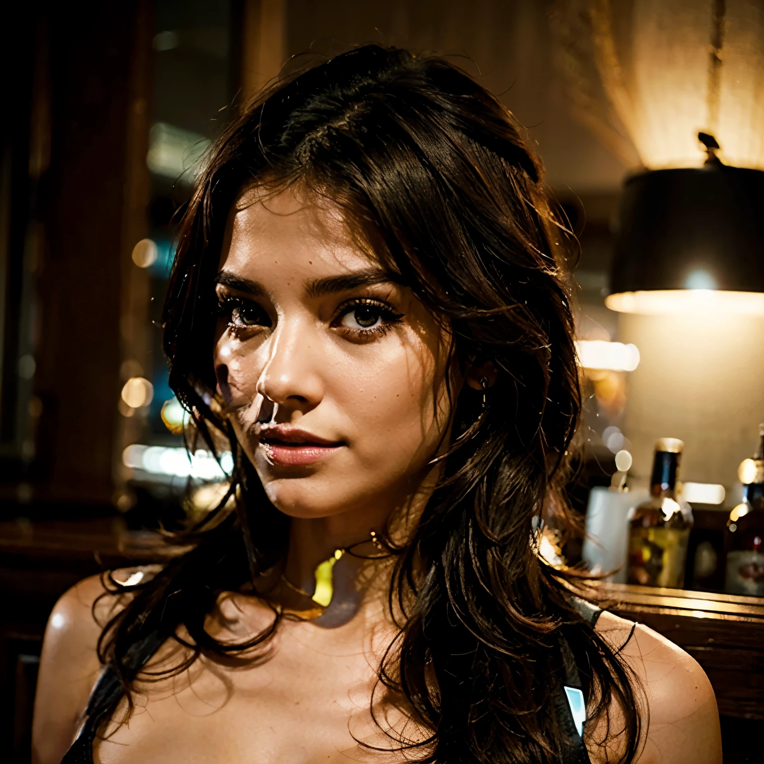 in high resolution and exceptional quality, obra maestra: 1.2), photographic portrait of a 25 year old woman, cuerpo completo, curvas impresionantes, cabello largo y oscuro, peinado seductor, labios carnosos, ojos intensos, cejas perfectamente arqueadas, nariz delgada, pendientes llamativos, LONG AND SEDUCTIVE EYELASHES. Ella se toma una selfie muy sensual en un bar elegante.
(colores vivos, HDR, Maximum definition, en 8K), ambiente nocturno, neon lights, Vibrant music, elegant decoration, tight dress