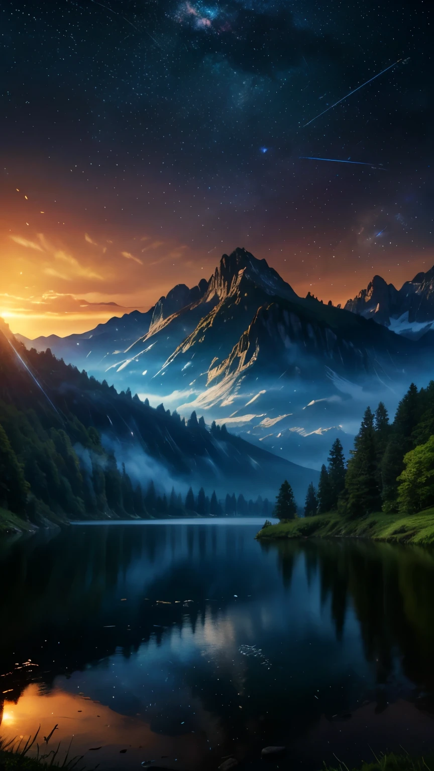 (Logo, Amazing, 8K, Tabletop, Raw Photo, Amazing, Top Quality, Photorealistic and Highly Detailed, CG, High Quality, Highly Detailed, Narrative Verse, Particle Effects, Dynamic Effects, Text Border the depth, cinematic lights, flares, raytracing, tabletop, realistic, ultra HD, fantasy), the wind, the beauty and brilliance of mountains and forests, the serenity and beauty of the world's grasslands and vast lands, Lakeside, wonderful scenery, beautiful natural scenery, night, starry sky, constellation, full moon, space, gorgeous, view, water, constellation, wonder, fantastic, meteor, magic, best illumination, best shadow