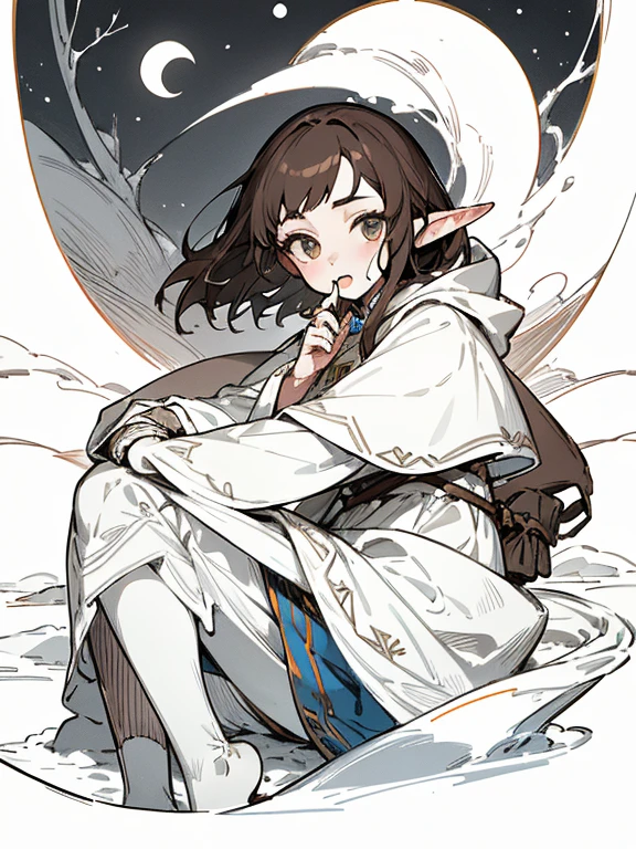 Snow-white skin、dark brown hair、An elf girl who appears to be in her mid-teens
