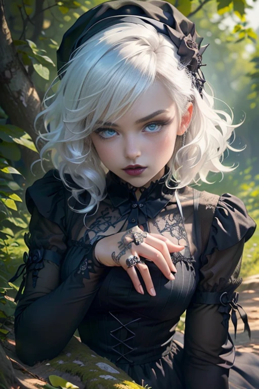 Beauty in white hair, hat, goth dress, Perfect proportions, (detailed eyes, eye correction), Girl lays down on the floor, slim girl, (gothic decoration:1.5), realistic hands, detailed hands and fingers, Definition and sharpness of textures, under a tree on a hill, high angle shot, (Delicate images), (Raw photo: 1.4), (Photorealistic: 1.4), (Highly detailed), (high resolution), (Best quality), (masterpiece)