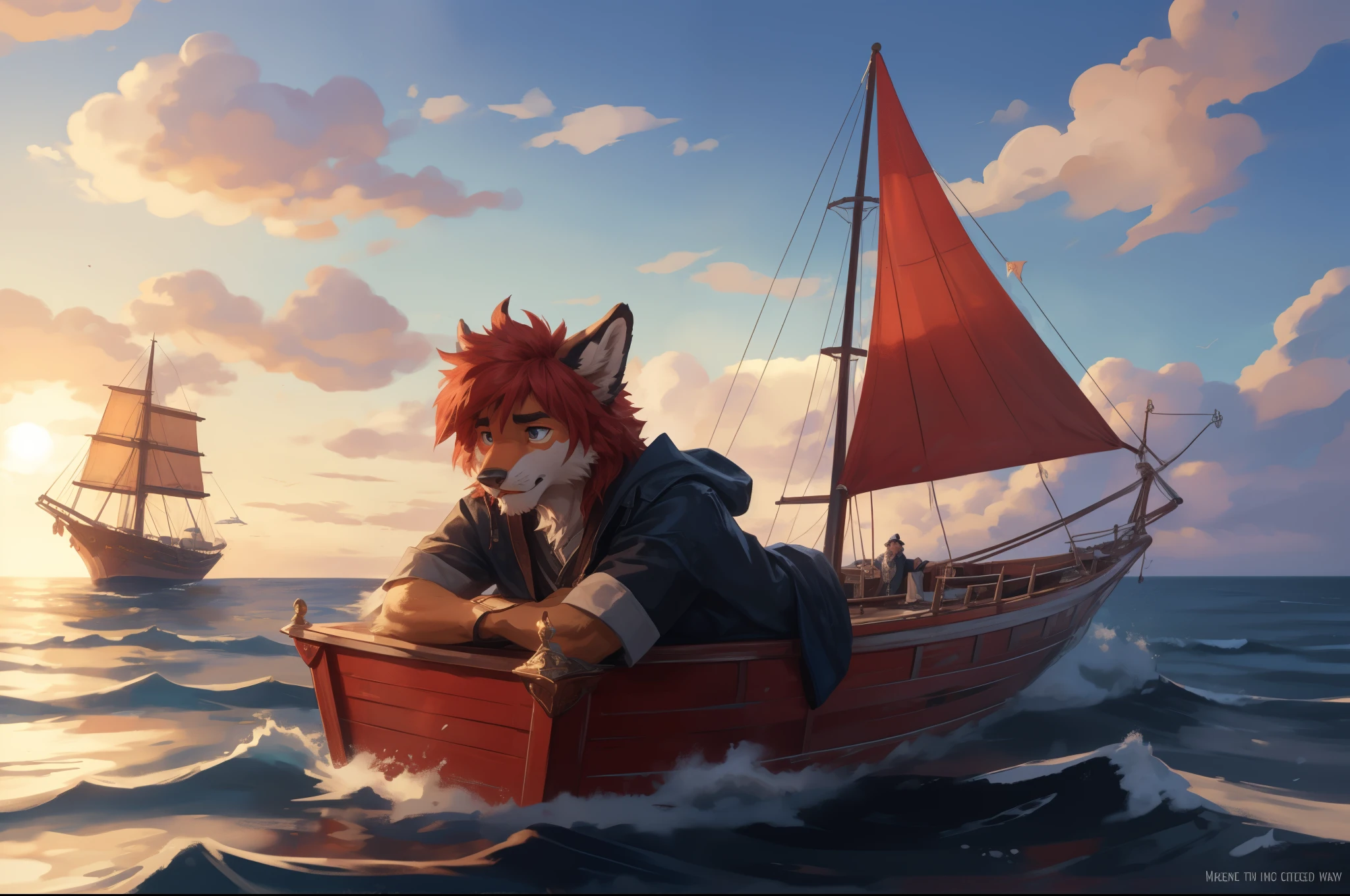 (((Barefoot furry character, full body, cinematic setting, male))) Masquerading as a man with a reason. My charade is the event of the season and if I claim to be a wise man, well it surely means that I don't know. On a stormy sea of moving emotion tossed about I'm like a ship on the ocean. I set a course for winds of fortune, but I hear the voices say: (Carry on my wayward son.) (There'll be peace when you are done.) (Lay your weary head to rest.) (Don't you cry no more.) BREAK, detailed background, 8K, (masterpiece:1.5), intricate details, highly detailed, extreme detail, octane render, fine art, best quality, highres, (detailed face:1.5), ((full_body)), UHD, (((perfect hands)))