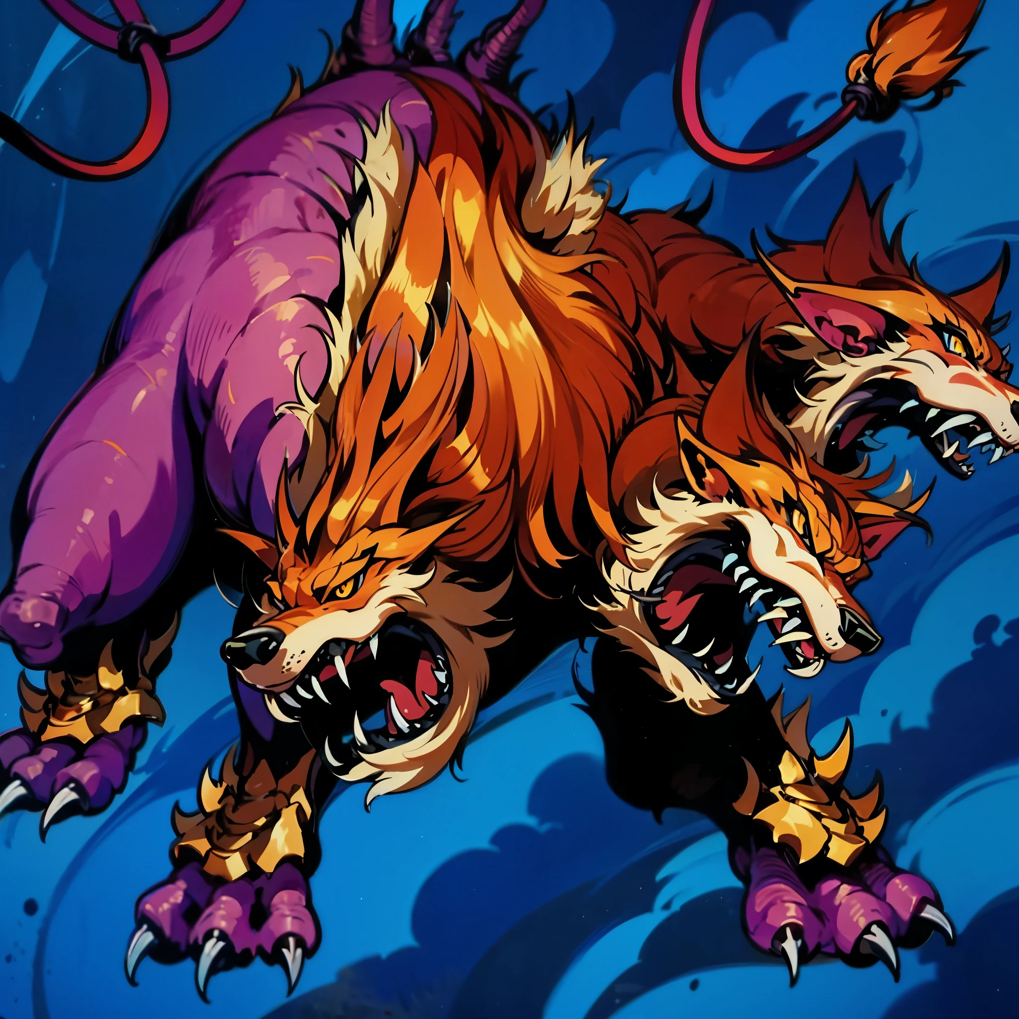 A monster(European medieval monsters，monster)，dog，三个头的dog，Cerberus，The whole body is burning with flames，Roaring fiercely。Medium shot composition，full body pictures，Characters and scenes，game concept art style，Anime illustration style，Yu-Gi-Oh style，watercolor style，Marker style，HD，4K。