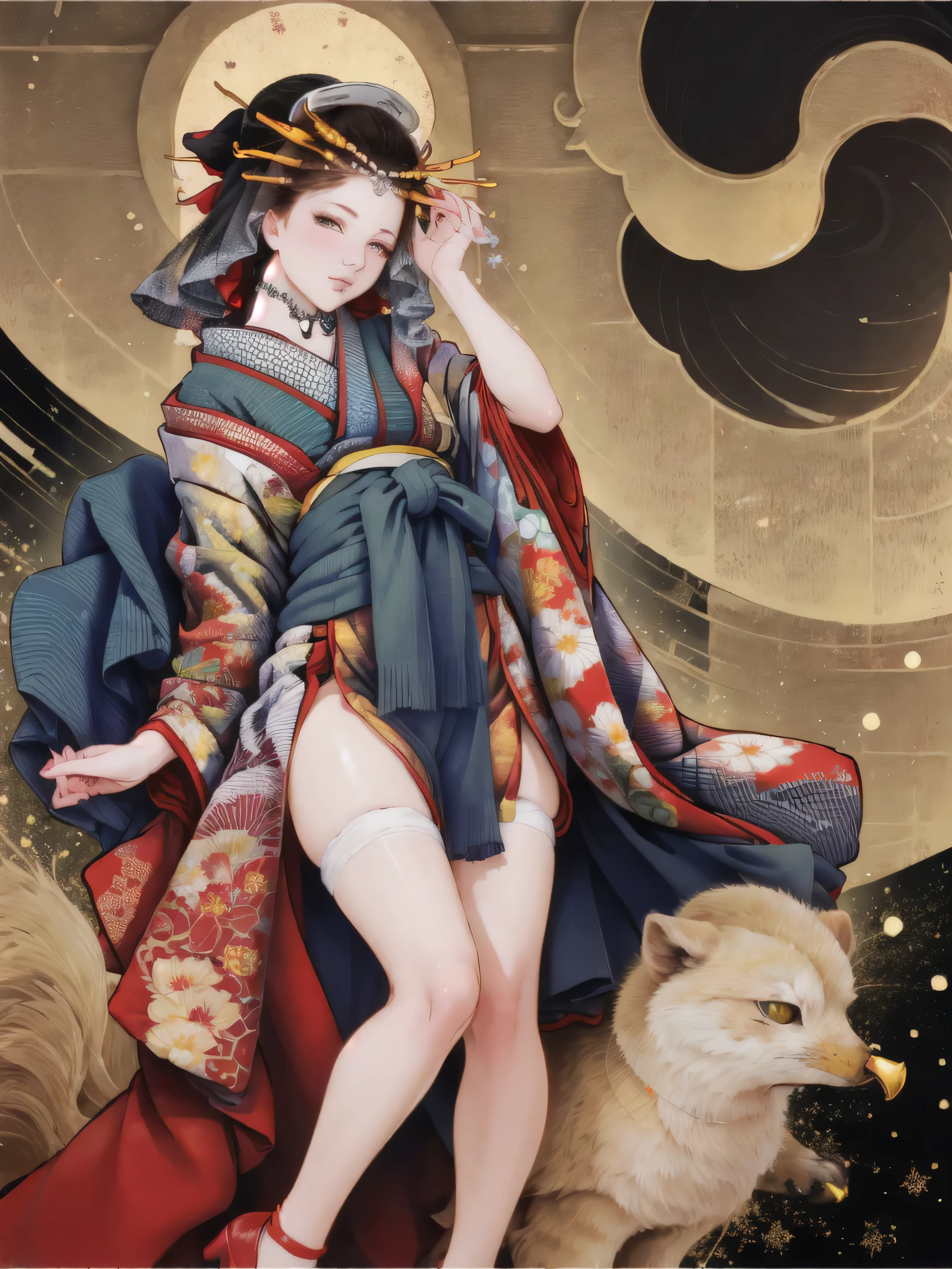 looking at the viewer,Open Crotch See-Through,Black face veil , black nylon , silk stockings ,See-through hakama、Transparent black kimono ,sheer lingerie,enamel high heels,pearl necklace,red collar,straight, shortcut, hair ornaments, kimono