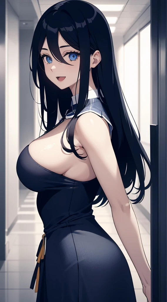 (masterpiece), (best quality), (ultra-detailed), ((girl, 29 years old)), an extremely delicate and beautiful, detailed eyes, minute details, (black hair, long hair, straight hair, hair between eyes), ((big breasts)), smile, open mouth, ((beautiful eyes)), (blue eyes), (upper body), she is wearing a blue dress, (detailed clothes), (detailed background, in a hospital, hospital hallway), (monochrome)