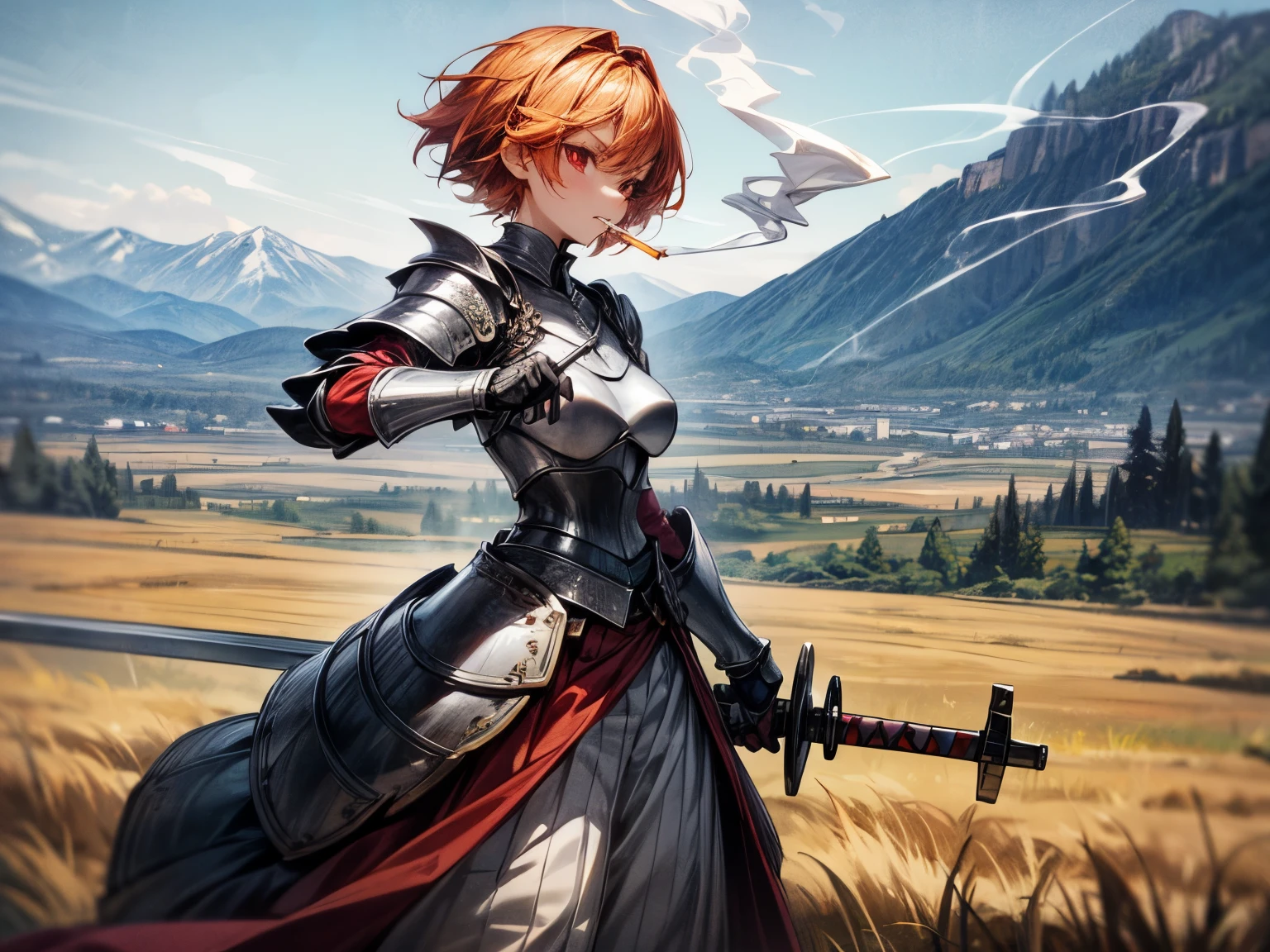 smoking girl, she uses two swords, the blades have flames, she has orange hair, she has short hair, she has red eyes, she's short, she's charging, aggressive look, she is smoking, more smoke, she's wearing a black plate armor, she has a medium breast, background are mountains, plains, she's fast, she's in mouvement, pipe in mouth