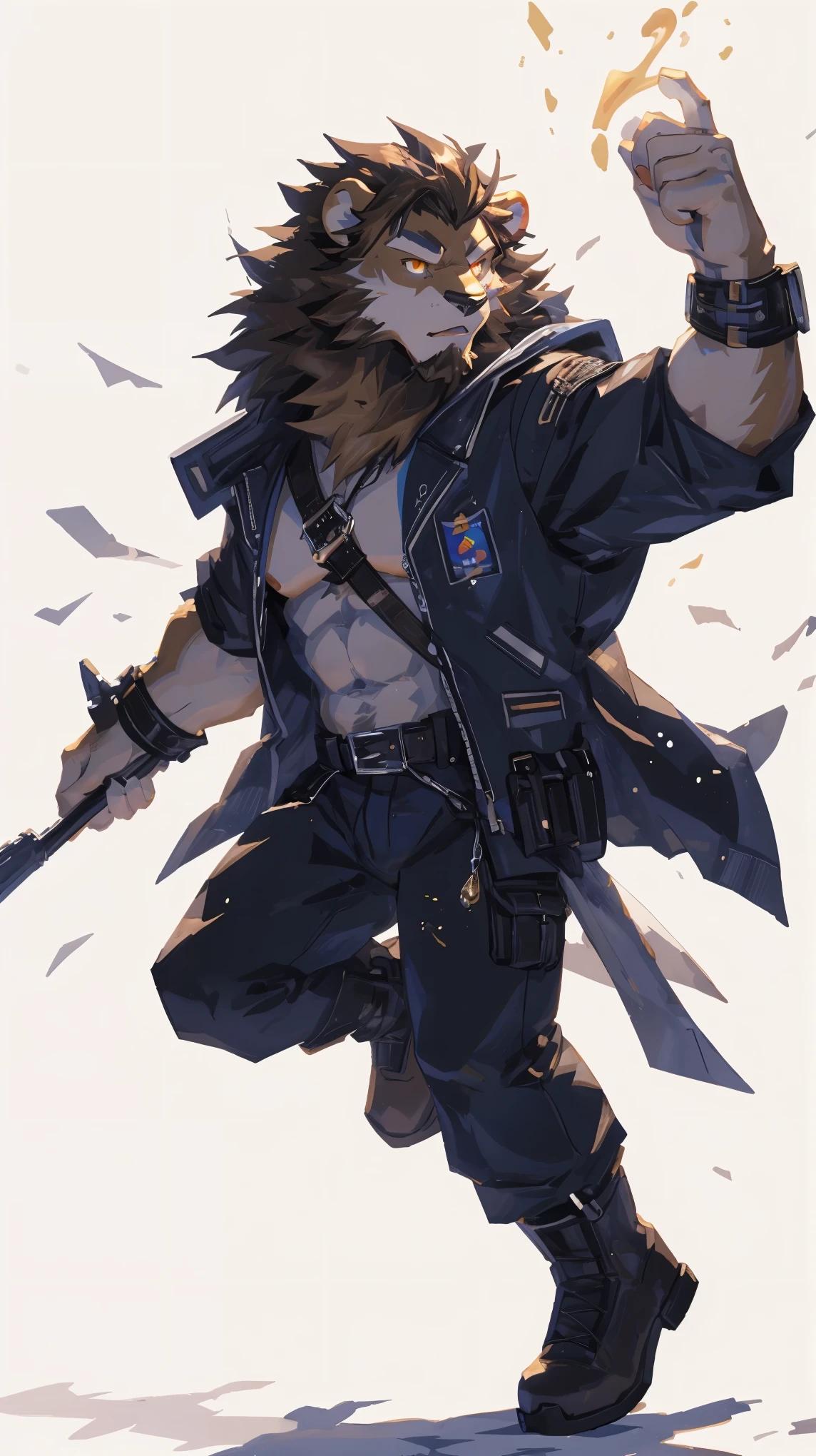 (masterpiece:1.2), best quality,pixiv,official art,perfect anatomy, (Ray tracing, light),solo, (1_male:1.3) , (muscle), (dynamic poses:1.3), (ultra deTailed), sharp focus, Negi, eyes, (glowing golden eyes), (short hair), (short fur), （30 years old）,(brown fur:1.4),(muscle lion), (beard:1.2),lion Tail, Thick eyebrows, Bomber Jacket, cargo pants, boots, ultra deTailed face, high deTails, high quality, (best quality,4K,8K,high resolution,masterpiece:1.2),bright colors, jumping, reach hand, (white background:1.3), (light flow:1.3)