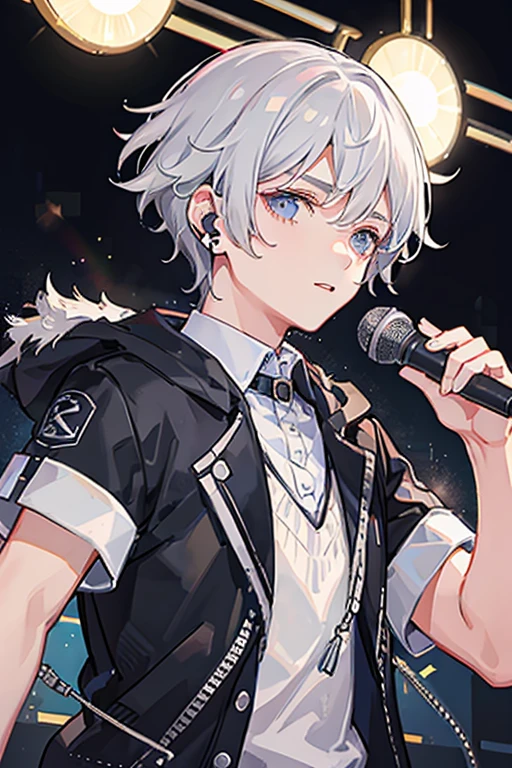 silver hair　short hair　Baby-faced handsome man　boy　microphone　concert　earphone