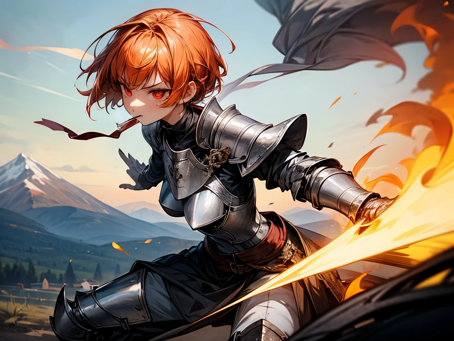 smoking girl, she uses a longsword, the blades has flames, she has orange hair, she has short hair, she has red eyes, she's short, she's charging, aggressive look, more smoke, she's wearing a black plate armor, she has a medium breast, background are mountains, plains, she's fast, she's in mouvement, pipe in mouth