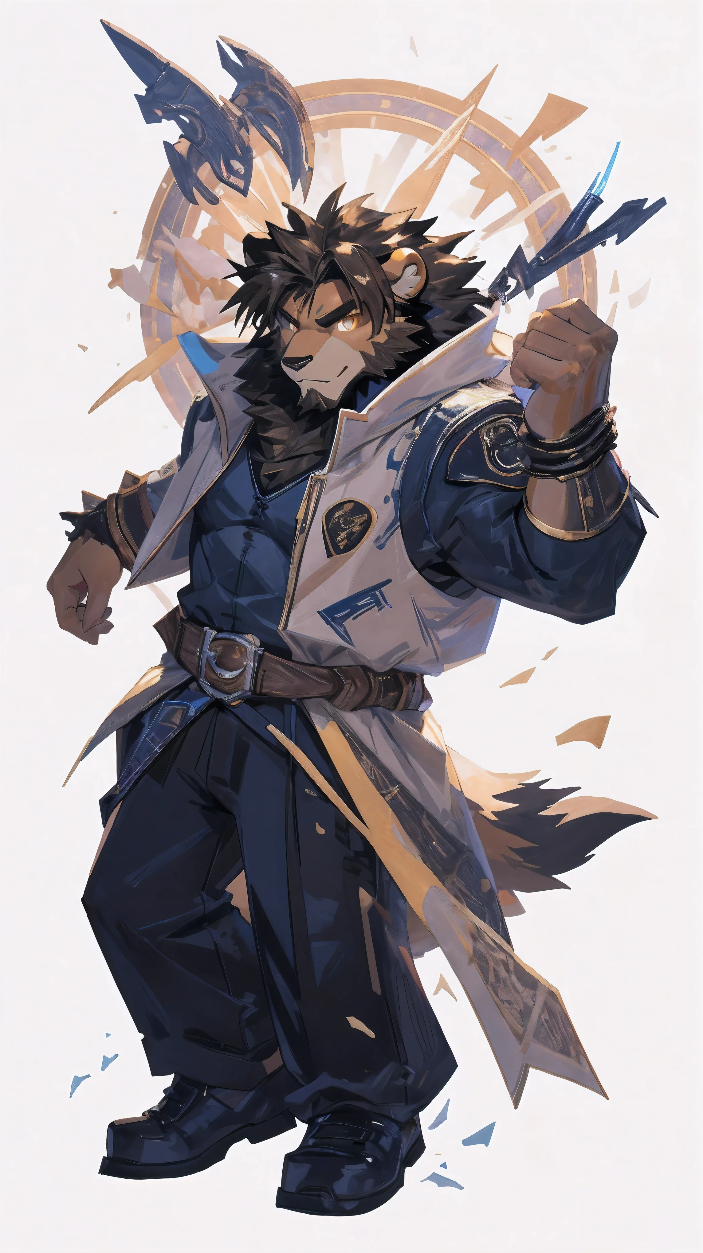 (masterpiece:1.2), best quality,pixiv,official art,perfect anatomy, (Ray tracing, light),solo, (1_male:1.3) , (muscle), (dynamic poses:1.3), (ultra deTailed), sharp focus, Negi, eyes, (glowing golden eyes), (short hair), (short fur), (30 years old),(brown fur:1.4),(muscle lion), (beard:1.2),lion Tail, Thick eyebrows, Bomber Jacket, cargo pants, boots, ultra deTailed face, high deTails, high quality, (best quality,4K,8K,high resolution,masterpiece:1.2),bright colors, jumping, reach hand, (white background:1.3), (light flow:1.3)