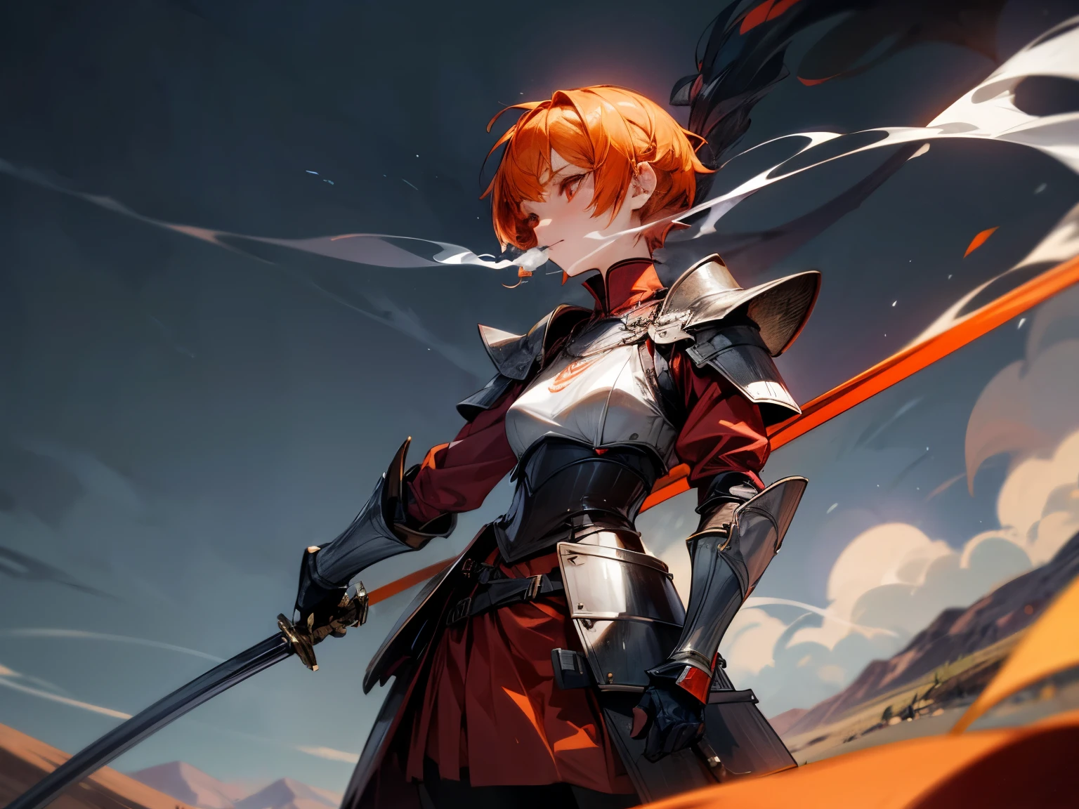 smoking girl, she uses two swords, the blades have flames, she has orange hair, she has short hair, she has red eyes, she's short, she's charging, aggressive look, she is smoking, more smoke, she's wearing a black plate armor, she has a medium breast, background are mountains, plains, she's fast, she's in mouvement, pipe in mouth