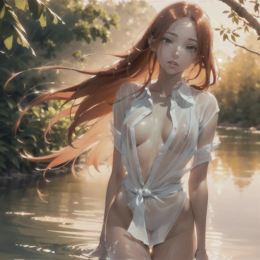Exquisite (slim (skinny)) Girl (with a perfect, very beautiful face and almond-shaped eyes) (with a southern skin tone and soft lips) (with red hair) (with freckles) (costs (waist-deep in water)) ((nude)) with tender (beautiful breasts) (with soft pink nipples) (Barefoot) In the middle of a big river (((in a white open shirt)) on the naked body); ((Sunset Evening Amber Light)), ((caramel soft warm shades)); (Warm summer late evening), ((Warm sunset light)); draw ((in watercolor style)); ((very beautiful exquisite face)); (High image quality, High detail), ((discreet faded shades, pale expressionless colors, imitation of film photography, diffused soft light)); ((big alien eyes), skinny); ((delicate mint shades)), (sfumato)