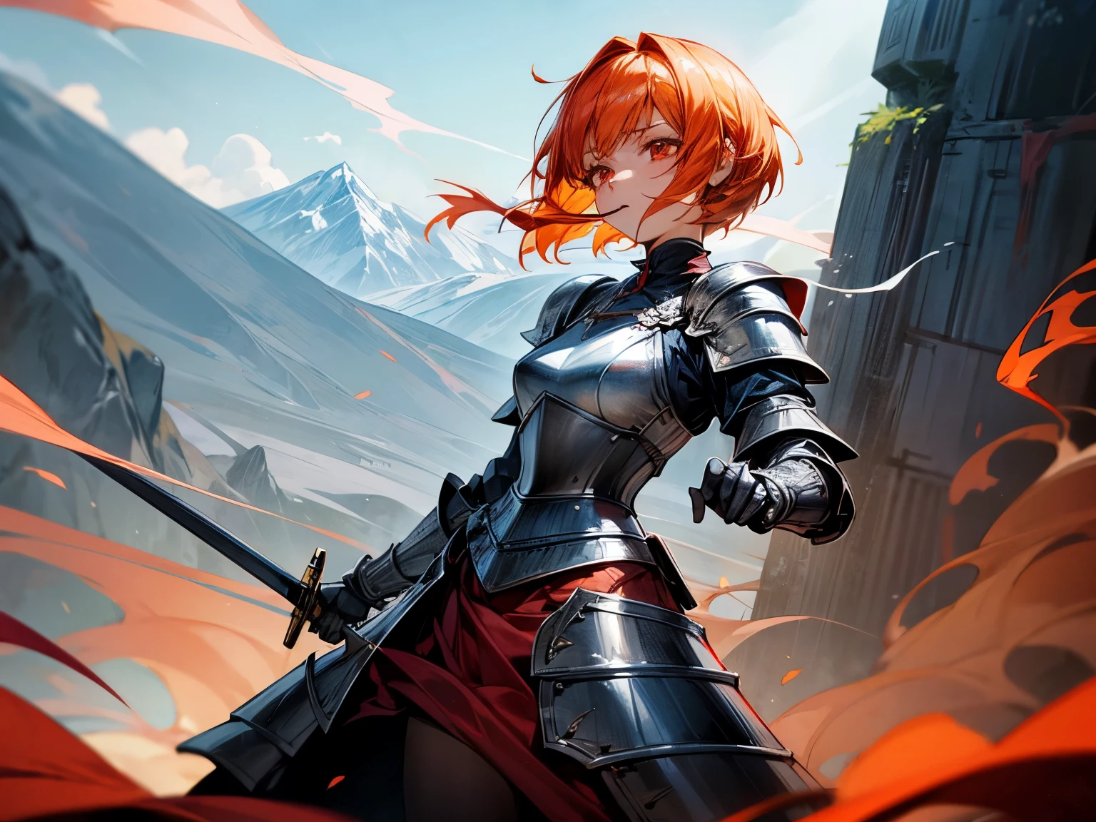 smoking girl, she uses a longsword, the blades has flames, she has orange hair, she has short hair, she has red eyes, she's short, aggressive look, more smoke, she's wearing a black plate armor, she has a medium breast, background are mountains, plains, she's fast, she's in mouvement, she's in figth, pipe in mouth