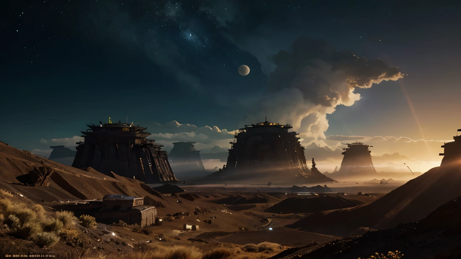 Sci-fi digital painting of an alien landscape with (otherworldly plants), ((strange creatures)), and distant moons in sky, and mining company, ((cinematic lighting)). Studio Ghibli style.