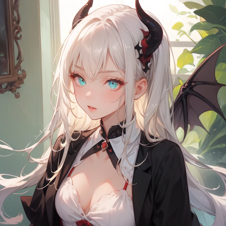 1girl, demon, crazy expression, evil, mint eyes, blonde almost white hair, demon horns, demon wings on her back, small breast
