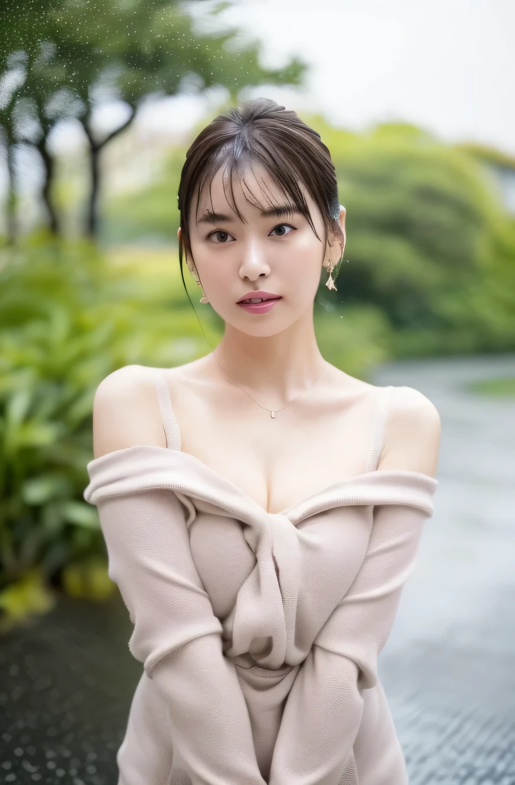 (highest quality, 4k, masterpiece :1.3), 
sharp focus, shallow depth of field, Bright colors, professional level, 
20-year-old, 1 person, (A half Japanese, half Brazilian woman）, beautiful actress face, 
Supple body :1.3, model body shape:1.5, perfect style：1.4, 
narrow shoulders, beautiful clavicle, long and thin legs, 
delicate body shape, The beauty of slim abs :1.2, thin waist :1.2, 
super detailed skin, Fair skin, Shiny skin, super detailed face, 
slim facial contour, beautiful small face, Beautiful lined nose, 
super detailed eyes, long slit eyes, brown eyes, double eyelid, Beautiful thin eyebrows, fine long eyelashes, 
super detailed lips, plump lips, glossy pink lips, flushed cheeks, beautiful teeth, 
Beautiful actress&#39;s ennui makeup, pink lipstick, 
dark brown hair, delicate soft hair, 
(hair up, medium short hair, ponytail:1.2), 
layer cut, (dull bangs:1.2), 
(stylish looking earrings,necklace,bracelet,shiny nail art:1.2), 
gentle smile, open mouth half way, Enchanted expression, stare at the camera, 
(((photorealism,Shoot the whole body from the thighs:1.5))), ((The body is facing sideways)), 
dynamic lighting, 

(Dress up in a chunky polka dot sweater:1.5), 

((She is posing naked and sexy with beautiful posture.:1.2)), 
The areola of the breast is beautiful:1.2, 
I&#39;m touching my butt with my hand:1.2, 
(perfect breast shape, flat chest:1.2), 
It is a small pale pink areola., 
(She has a cute plump butt, My thighs are dazzling),
A face that feels good during sex, 

(Large queen-size bed in a luxury hotel, The ocean horizon spreads out behind the large windows), 

(wet in the rain, wet in the rain, wet body :1.4),
