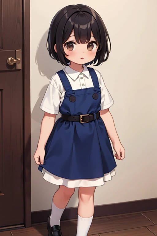 masterpiece, best quality, highres, ui3, 1girl, solo, full body, dark brown eyes, pom pom \(clothes\), pinafore dress, white shirt, white socks, short sleeves, aged down, short hair, belt, bangs, , dark blue dress, collared shirt,